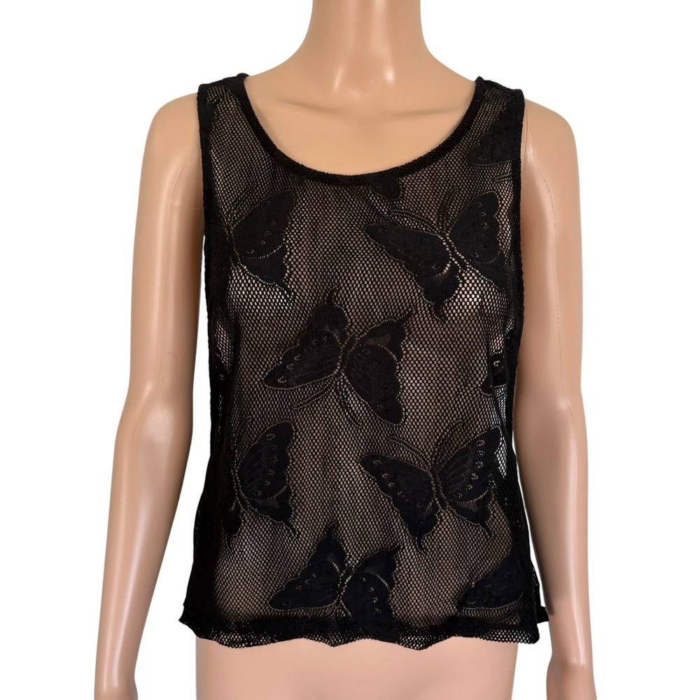 Y2K Love Culture Black Butterfly Mesh Tank Top Fishnet Sheer M Fairy Whimsigoth